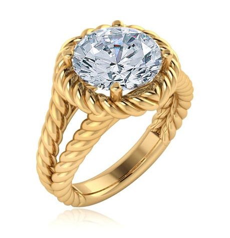 Twisted rope style 3.5 carat round halo lab grown diamond alternative cubic zirconia engagement ring in 14k yellow gold.