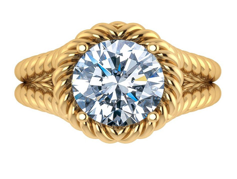 Twisted rope style 3.5 carat round halo lab grown diamond simulant cubic zirconia engagement ring in 14k yellow gold.