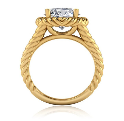 Twisted rope style 3.5 carat round halo lab grown diamond look cubic zirconia engagement ring in 18k yellow gold.