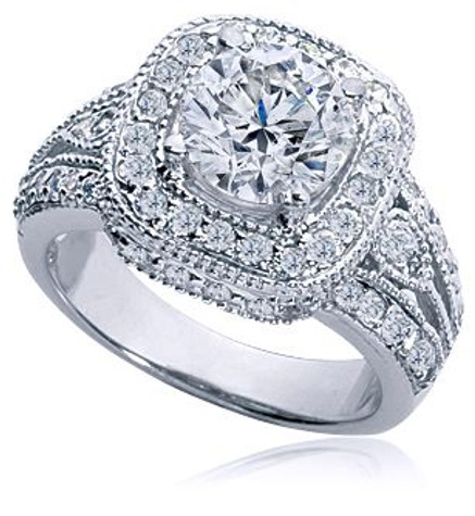 Round 2 Carat Halo Pave Estate Engagement Ring with lab grown diamond simulant cubic zirconia in platinum.