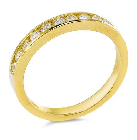 Spencer round channel set lab diamond alternative cubic zirconia anniversary band in 14k yellow gold.