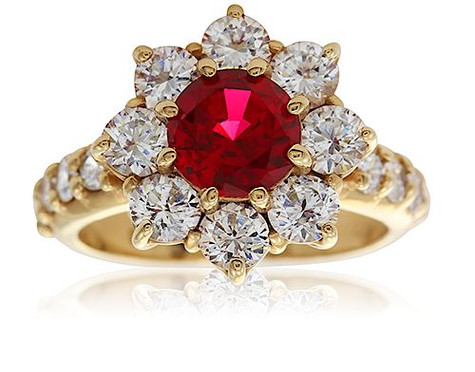 Marjory 1.25 carat man made ruby gemstone cluster lab grown diamond alternative cubic zirconia halo ring in 14k yellow gold.