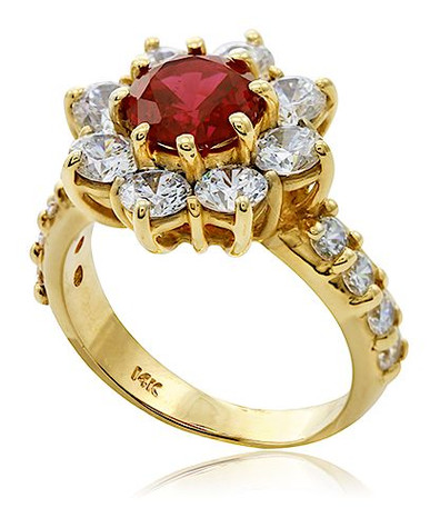 Marjory 1.25 carat man made ruby gemstone lab grown diamond simulant cubic zirconia cluster ring in 14k yellow gold.