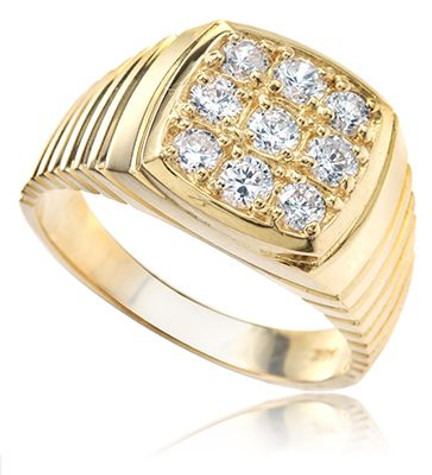 Morel Pave Set Round Ribbed Men's Ring with lab grown diamond simulant cubic zirconia in 14k yellow gold.