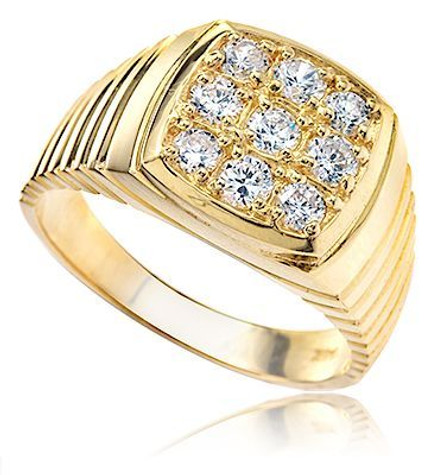 Morel Pave Set Round Ribbed Men's Ring with lab grown diamond look cubic zirconia in 14k yellow gold.
