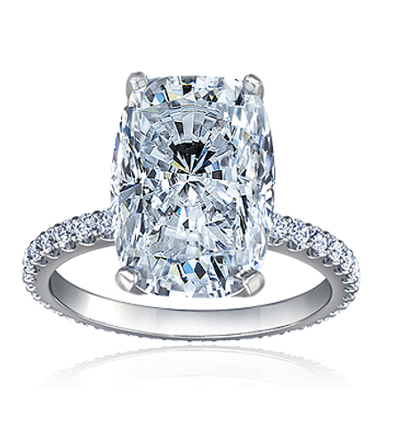 Elongated cushion cut 9 carat lab created cubic zirconia solitaire eternity engagement ring in 18k white gold.