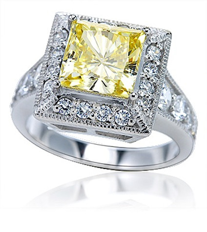 Cassini 2.5 carat princess cut canary laboratory grown diamond look cubic zirconia halo solitaire engagement ring in 14k white gold.