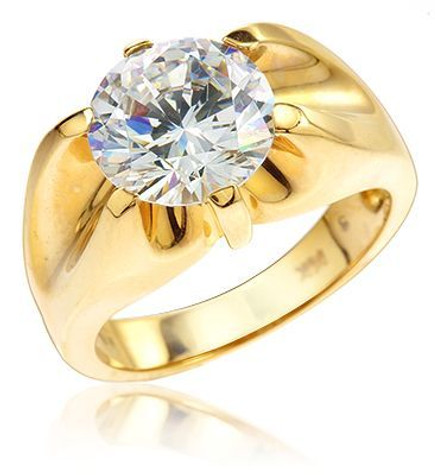 Romo Round Gypsy Claw Mens Ring with lab grown diamond simulant cubic zirconia in 14k yellow gold.