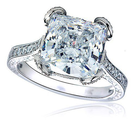 Genevia 5.5 carat lab grown diamond alternative cubic zirconia cushion cut pave engagement ring in 14k white gold.