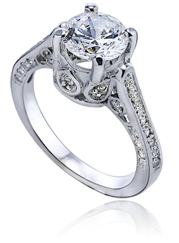 Trinity antique estate cathedral style lab grown diamond simulant cubic zirconia pave solitaire engagement ring in 14k white gold.