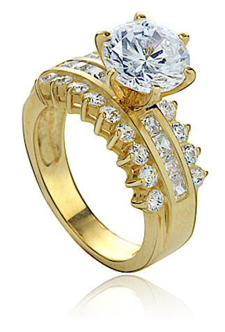 Ruth 1.5 carat round lab grown diamond laboratory grown diamond alternative cubic zirconia cubic zirconia engagement ring princess cuts and rounds in 14k yellow gold.