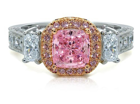 Albertine 1.5 carat cushion cut lab grown diamond alternative cubic zirconia pink halo solitaire engagement ring in platinum.