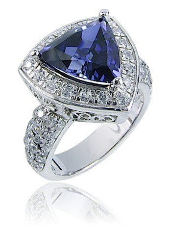 Trillium 3.5 carat trillion pave lab grown diamond look cubic zirconia sapphire solitaire engagement ring in 14k white gold.