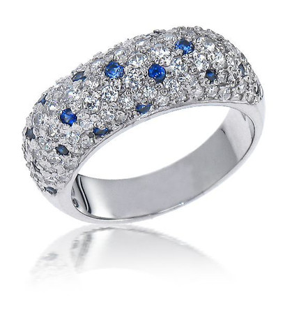 Pave set round lab grown diamond quality cubic zirconia anniversary band in 14k white gold.