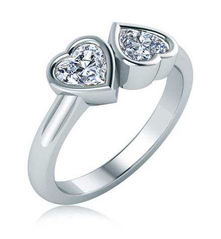 Double Heart 1 Carat Each Bypass Bezel Ring with lab grown diamond simulant cubic zirconia in 14k white gold.