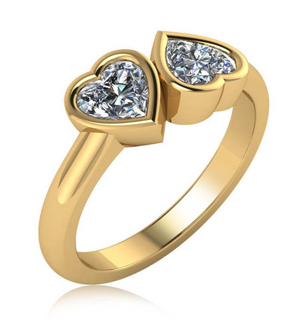 Double Heart 1 Carat Each Bypass Bezel Ring with lab grown diamond alternative cubic zirconia in 14k yellow gold.