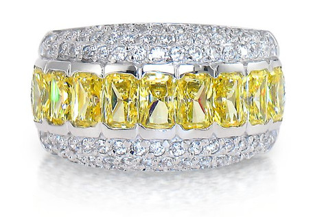 Evanna .50 carat each canary emerald cut and pave lab grown diamond quality cubic zirconia eternity band in 14k white gold.