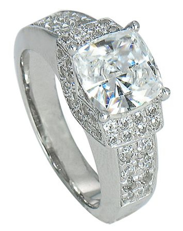 Cushion Cut Pave Round Solitaire Engagement Ring with lab grown diamond look cubic zirconia in 14k white gold.