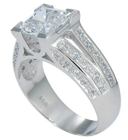 Princess Cut Pave Split Shank Solitaire with lab grown diamond simulant cubic zirconia in 14k white gold.