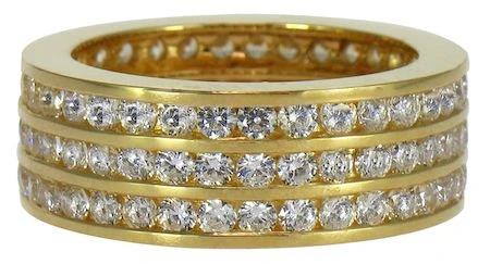 Three row channel set round eternity wedding band with lab grown diamond look cubic zirconia in 18k yellow gold.