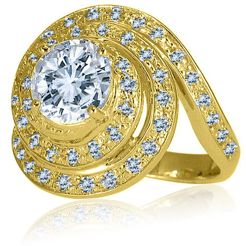 Round 1.25 carat lab grown diamond look cubic zirconia pave set swirled solitaire engagement ring in 14k yellow gold.