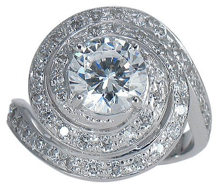 Round 1.25 carat lab grown diamond quality cubic zirconia pave set swirled solitaire engagement ring in platinum.