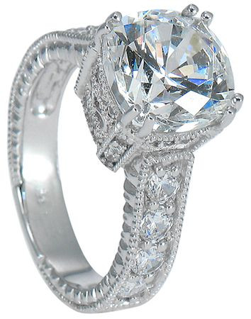 Jasmine 5.5 carat round lab created cubic zirconia engraved pave set solitaire in 14k white gold.
