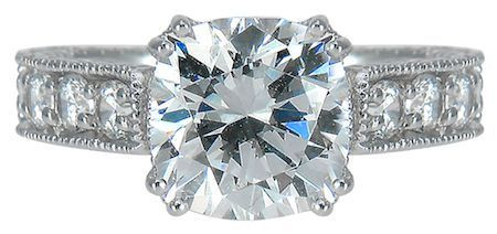 Jasmine 5.5 carat round lab grown cubic zirconia engraved pave set solitaire in 14k gold.