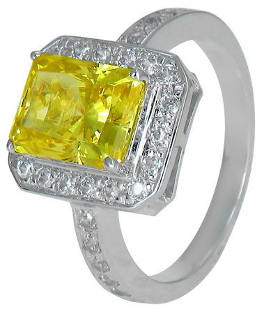 Emerald Cut Canary Pave Halo Engagement Ring with lab grown diamond look cubic zirconia in 14k white gold.