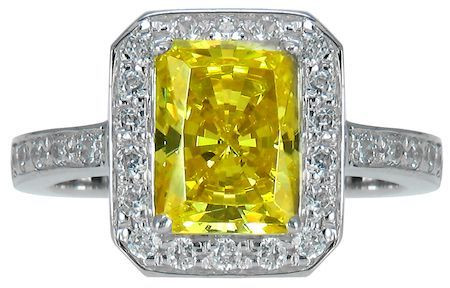 Emerald Cut Canary Pave Halo Engagement Ring with lab grown diamond simulant cubic zirconia in platinum.