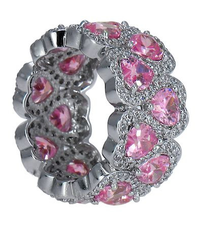 Amorique pink heart shaped lab grown diamond simulant cubic zirconia pave set round eternity band in 14k white gold.