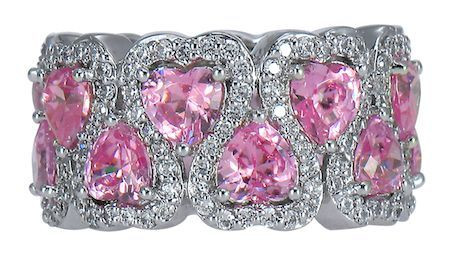 Amorique pink heart shaped lab grown diamond alternative cubic zirconia pave set round eternity band in platinum.