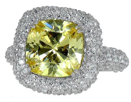 Collette cushion cut canary 5.5 carat lab created cubic zirconia pave encrusted halo ring in platinum.