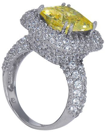 Collette cushion cut canary 5.5 carat lab grown cubic zirconia pave encrusted halo ring in platinum.