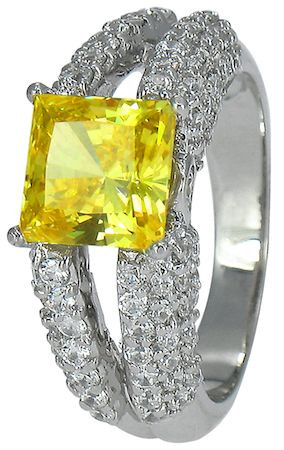 Princess cut 1.5 carat canary lab grown diamond alternative cubic zirconia pave encrusted split shank solitaire engagement ring in 14k white gold.