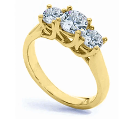 Three Stone Round 1.5 Carat Center Luccia Trellis Style Cubic Zirconia Anniversary Engagement Ring in 14k yellow gold