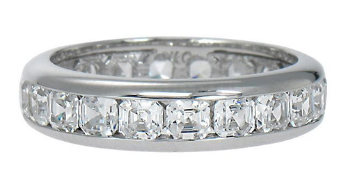 Asscher cut .25 carat each lab grown diamond look cubic zirconia channel set eternity wedding band in platinum.