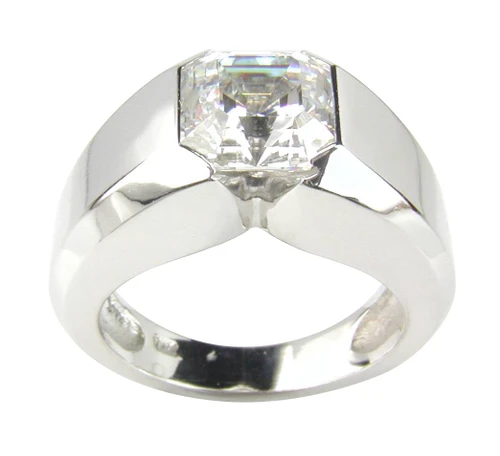 2.5 Carat Asscher Cut Lab Grown Diamond Alternative Cubic Zirconia Semi Bezel Set V Solitaire Engagement Ring.