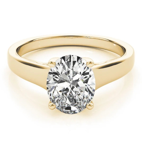 Luccia 2.5 Carat Oval Laboratory Grown Diamond Simulant Cubic Zirconia Trellis Setting Solitaire Engagement Ring in 14k yellow gold.