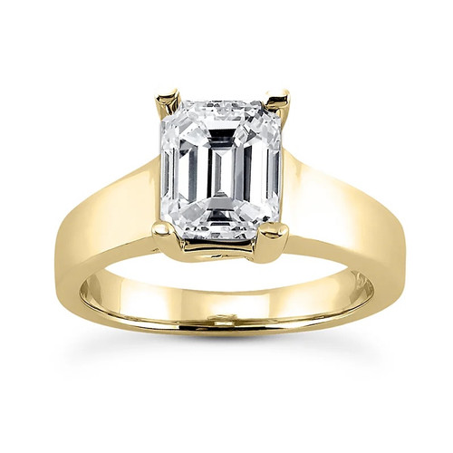 Luccia 4 Carat Step Cut Emerald Cut Laboratory Grown Diamond look Alternative Cubic Zirconia Trellis Setting Solitaire Engagement Ring in 14k yellow gold.