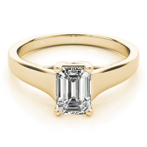 Luccia 1.5 Carat Step Cut Emerald Cut Laboratory Created Diamond Look Cubic Zirconia Trellis Setting Solitaire Engagement Ring in 14k yellow gold.