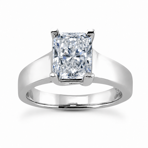 Luccia 1 Carat Radiant Emerald Cut Laboratory Grown Diamond Look Alternative Cubic Zirconia Trellis Setting Solitaire Engagement Ring in 14k white gold.