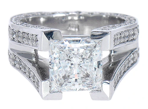 Princess cut 2.5 carat lab grown diamond alternative cubic zirconia with pave engagement ring in 14k white gold.