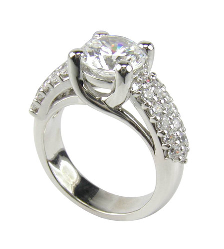 Trellis Prong Setting 1.5 Carat Round Pave Solitaire with simulated diamond quality lab created cubic zirconia in 14k white gold.