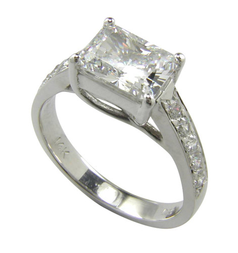 Trellis Setting Emerald Cut Pave Engagement Ring with lab grown diamond alternative cubic zirconia in platinum.