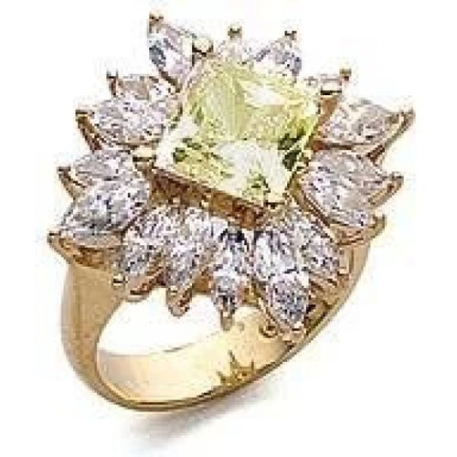 Princess cut 1.5 carat square laboratory grown diamond alternative cubic zirconia marquise halo cluster ring in 14k yellow gold.