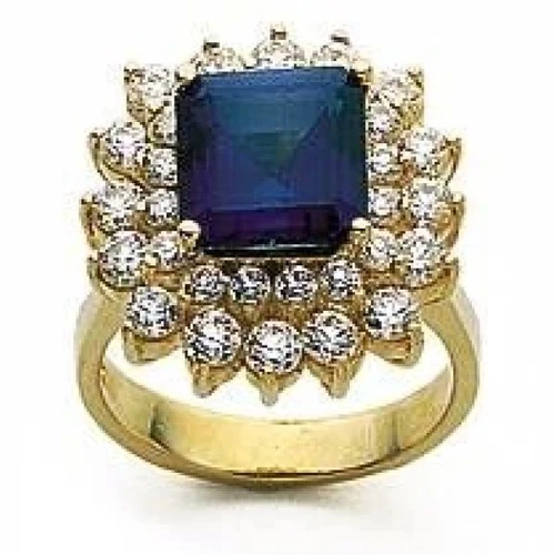 Princess cut 2.5 carat man made sapphire double halo laboratory grown diamond alternative cubic zirconia cluster ring in 14k yellow gold.
