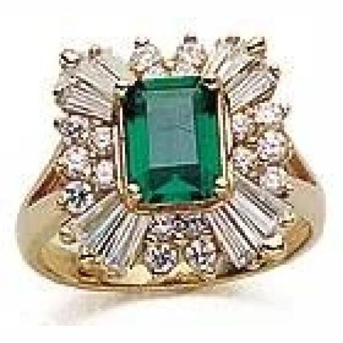 Emerald cut 2.5 carat laboratory grown diamond alternative cubic zirconia round and baguette halo cluster ballerina ring in 14k yellow gold.