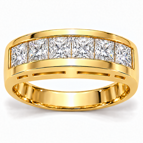 Channel set 3 carat princess cut lab grown diamond simulant cubic zirconia anniversary wedding band in 14k yellow gold.
