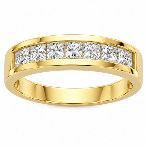 Channel set 2 carat princess cut lab grown diamond look alternative cubic zirconia anniversary wedding band in 14k yellow gold.